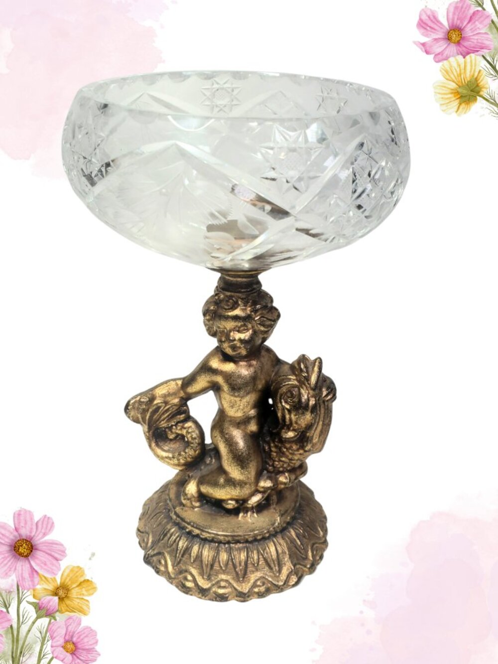 Vintage Cherub Crystal Candy Dish Cast Metal